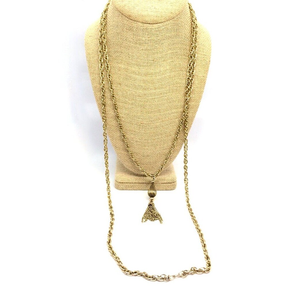 VINTAGE GOLD TONE Tassel Necklace Multi Chain Long Statement 60s 70s